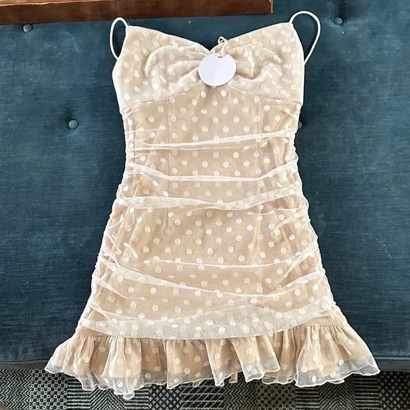Chic Beige Polka Dot Mini Dress - Picture 1 of 1